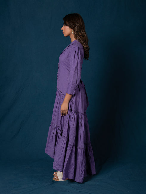 BREEZY PURPLE COTTON KANTHA TIERED DRESS BREEZY PURPLE COTTON KANTHA TIERED DRESS